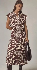 Anthropologie Maeve Cassandra Maxi Dress Brown White Print Size MP - Picture 1 of 10
