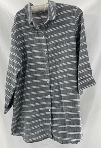 Habitat Clothes Tunic Dress Women Sz L Gray White Stripes Button Up Lagenlook - Picture 1 of 10