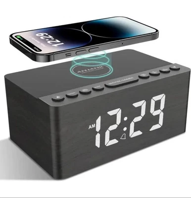 Wooden Alarm Clock | FM Radio | Wireless Charging | 5 Level Dimmer | USB Charger - Image 1 of 4