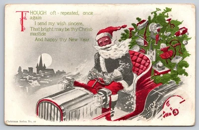 Papá Noel Negro Americana Conducir Coche Abrigo Plateado Pantalones Rojos Postal de Navidad Foto 1 de 2