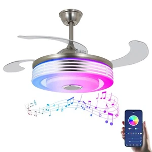 42"Smart 7-Color LED Chandelier Silver Invisible Ceiling Fan w/Bluetooth Speaker - Picture 1 of 18