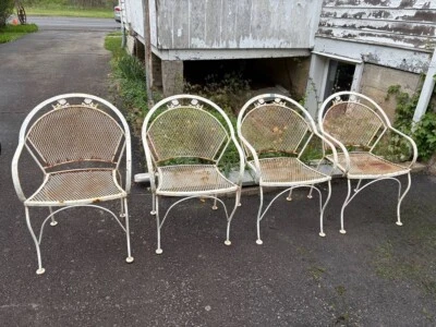 Антикварный набор (4) кованых железных задних сетчатых сидений стульев для патио - Изображение 1 из 4