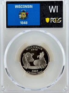 2004 S Wisconsin CLAD Quarter with State Flag PR70DCAM PCGS Top Grade - Bild 1 von 2