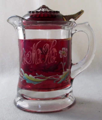 Victorian enameled ruby stained syrup pitcher with glass lid, 6" h.  EAPG - Image 1 of 4