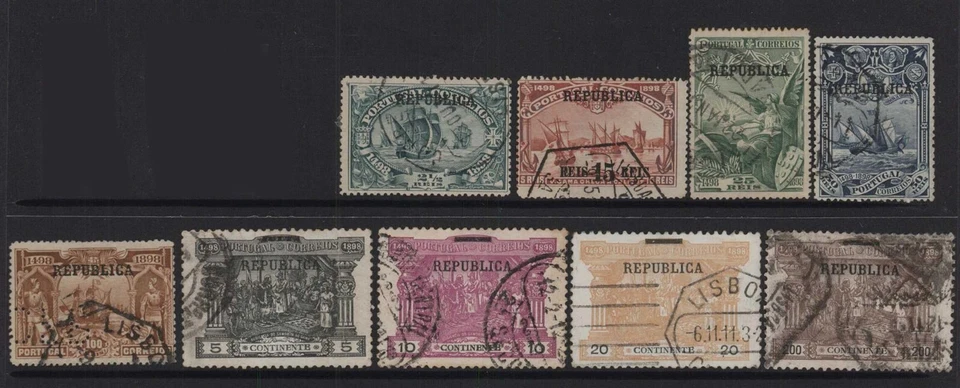 F114-26 1911 Portugal part set of 9 stamps O/P REPUBLICA 2 1/2r - 200 Reis IB82I — 第 1/1 张图片