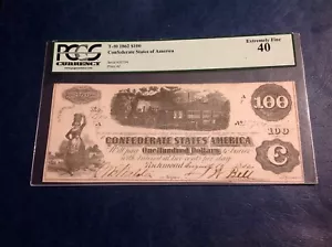 T 40 - 1862 $100 DOLLARS CSA CONFEDERATE STATES OF AMERICA PCGS EF 40 cd - Picture 1 of 2