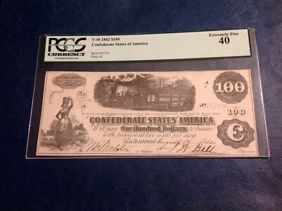 T 40 - 1862  $100 DOLLARS CSA CONFEDERATE STATES OF AMERICA  PCGS EF 40 cd - Image 1 of 2
