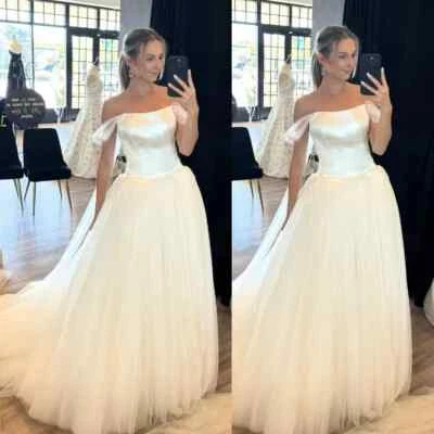 Simple Off the Shoulder Wedding Dresses Tulle and Satin A Line Bridal Gowns - Image 1 of 4