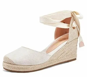 Ruanyu Women's 8.5 Shoe Fabric Closed Toe Espadrille beige White New In Box - Picture 1 of 2