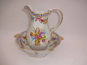 2 piezas jarra china blanca vintage Limoges y tazón de flores florales de doble mango de 2 piezas - Imagen 1 de 10