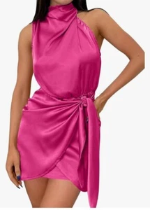 Zesica Womens Hot Pink Halter Neck Mini Dress Waist Tie Size Small Party Sexy - Picture 1 of 13