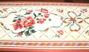 Wallpaper Border Vintage Blue Ribbon Pink Roses Red White 10096 country kitchen - Picture 1 of 1
