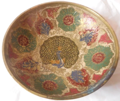 Enameled Brass 4 3/4" Trinket Dish Peacock & Flowers Made in India Vtg TARNISHED - Image 1 of 4