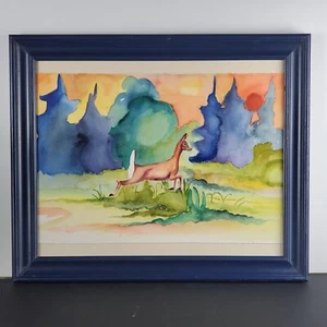 23.5 By 19.5in Framed Watercolor Landscape on Paper Deer Woods Animals - Picture 1 of 5