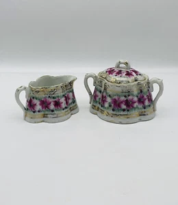 Beautiful Vtg Creamer Sugar Bowl Set Pink Flowers Gold Trim Porcelain - Picture 1 of 11
