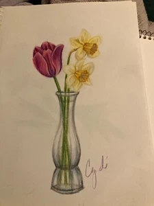 dibujo a lápiz color original TULIPÁN Y NARCISOS - Imagen 1 de 3