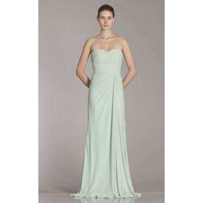 MONIQUE LHUILLIER Bridesmaid 10 Strapless Chiffon Gown Mint Green Ruched Elegant - Image 1 of 4