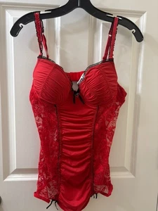 Y2K PLAYBOY CLASSIC CORSET LINGERIE Red stains rose lace sinched bustier top L - Picture 1 of 10