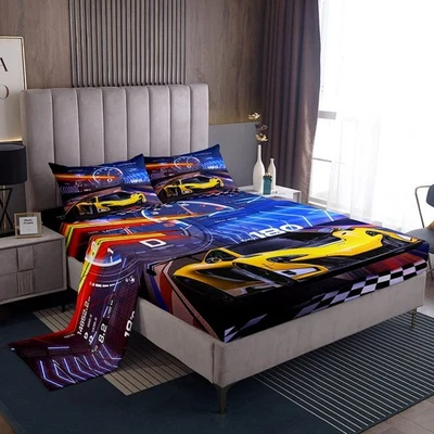 Blue Yellow Sports Car Sheet Set Race Car Bed Sheets for Kids Boys Extreme Sp... - Image 1 of 4