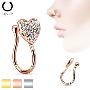 Damen Nasenclip Nasenpiercing Fake-Piercing Clip mit Herz und Strass-steinen - Bild 1 von 8