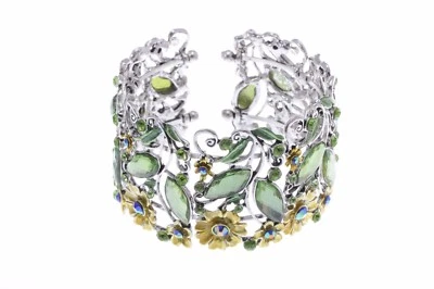 Brazalete brazalete enjaulado flores doradas florales pedrería verde claro tono plateado para mujer Foto 1 de 4