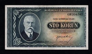 CZECHOSLOVAKIA 100 KORUN 1945 T.G.MASARYK VF+ Pick-63a NOT PERFORATED - Picture 1 of 3