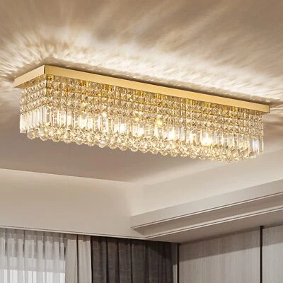 Modern Golden Flush Mount Ceiling Light Fixture Rectangle K9 Crystal Chandelier - Image 1 of 4