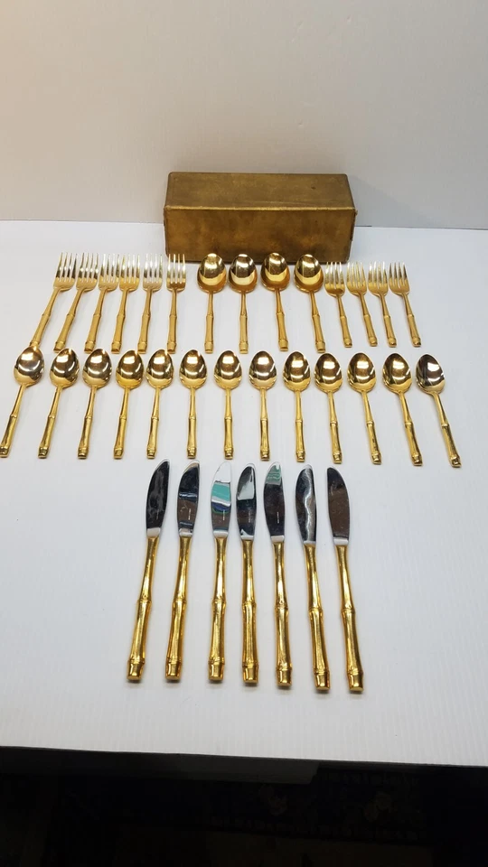 Talheres retrô 34 peças de bambu folheado a ouro Taiti by Present Japão MCM - Imagem 1 de 4