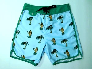 Maui and Sons Board Shorts Men's Size 28 Hula Girls Light Blue & Green Unlined - Picture 1 of 7