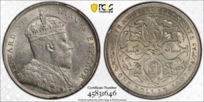 STRAITS SETTLEMENTS , 1 DOLLAR $1 1907 KING GEORGE V -  PCGS MS 61 ( 21 ) , RARE - Image 1 of 3