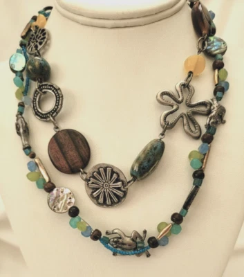 Chico's Abalone Turquoise Glass Beads Boho Layered 2 Strand Necklace 19" L - Image 1 of 4