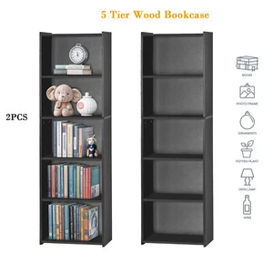 2PCS 5-Tier Bookcase Bookshelf Narrow Open Shelf Wooden Storage Organizer Black - Picture 1 of 16