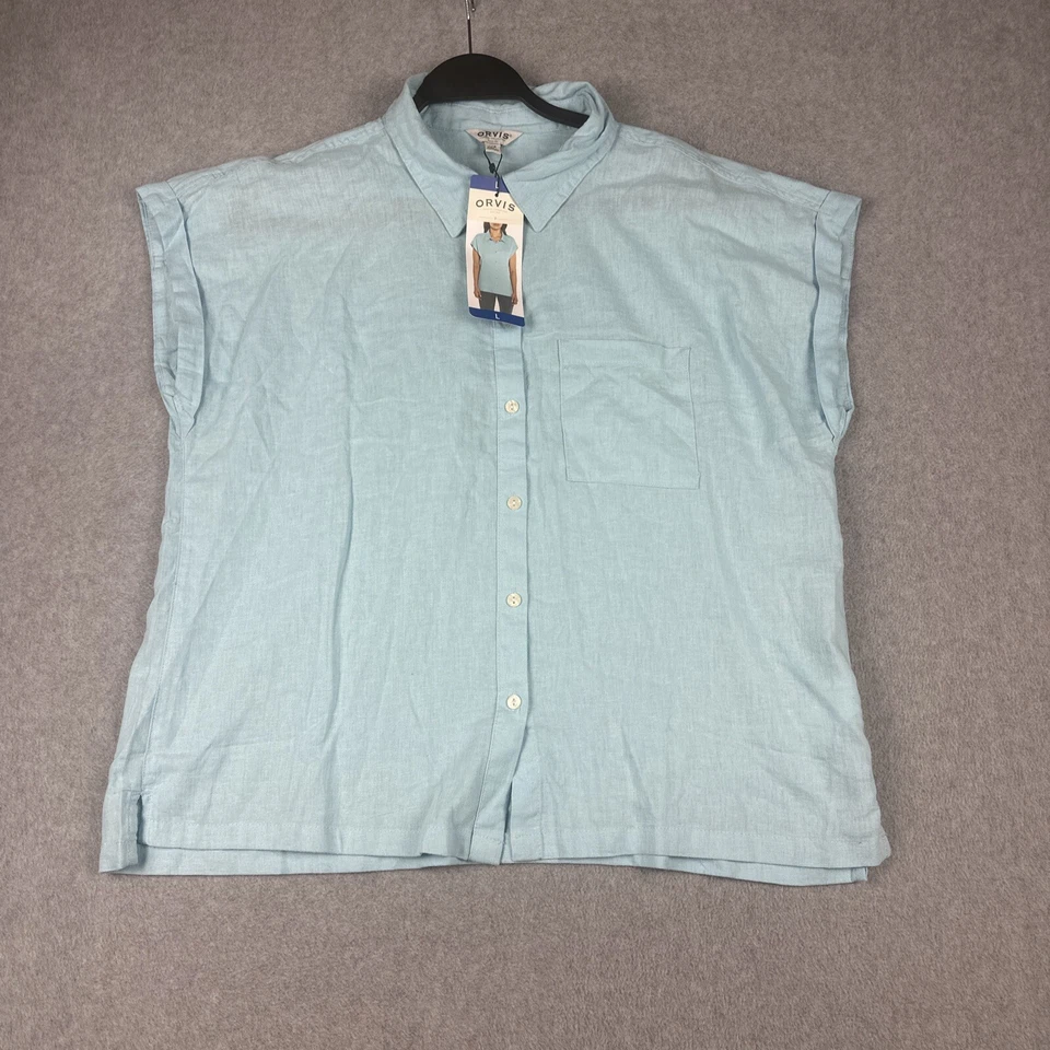 Orvis Light Blue Short Sleeve Button Up Front Pocket Shirt Womens Size L