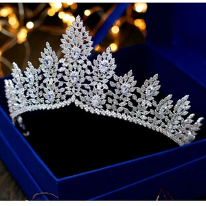 Corona tiara de boda reina hoja circonita cúbica de lujo para mujer - Imagen 1 de 5