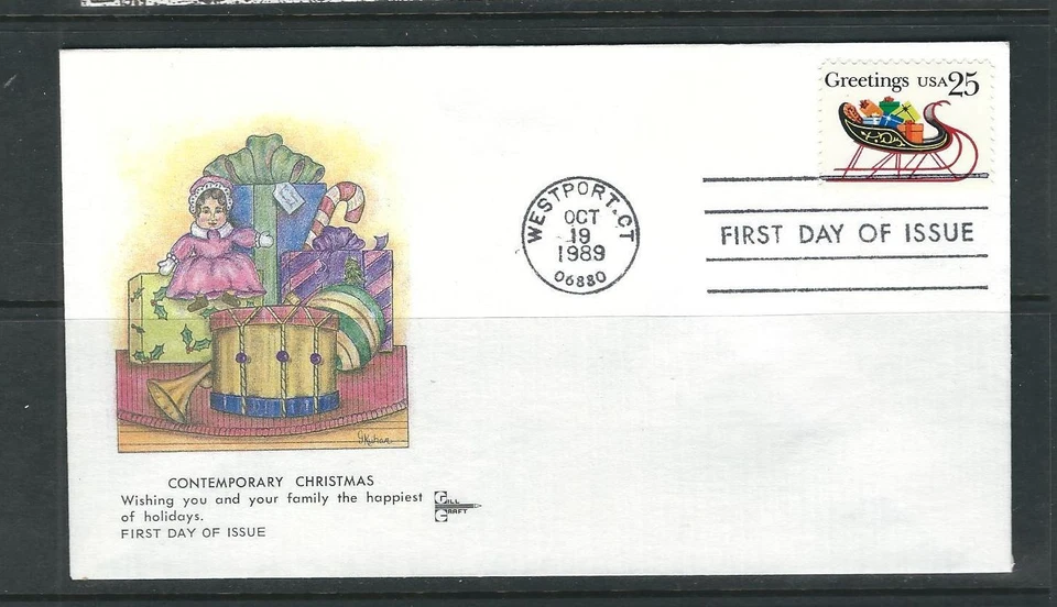 US SC# 2428 Christmas 1989 - Sleight With Presents ) FDC. Gill Craft cachet - Image 1 of 1