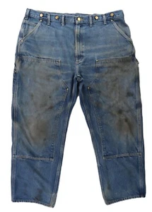 CARHARTT Mens 44 X 31 Blue Denim Double Knee Utility Logger Jeans B07 DISTRESSED - Picture 1 of 11