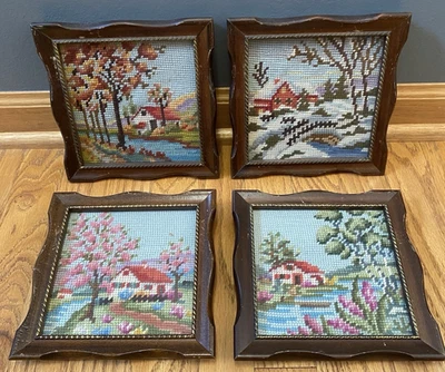 Lote de 4 marcos de madera vintage bordados crewel 4 estaciones otoño invierno primavera verano Foto 1 de 4