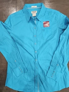ARIAT Shirt Damen L Blau Tailliert Stretch Knitterarm Langarm Neu - Bild 1 von 19