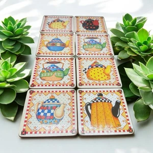 Mary Engelbreit Teapot Coasters Cork Back Square Set Of 8 Vintage NO BOX - Picture 1 of 17