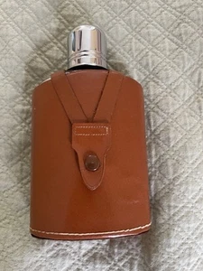 Vintage Glass Bottle Flask w/ Top Grain Cowhide Saddle Leather Sleeve - Picture 1 of 5