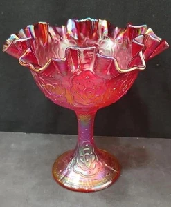 Fenton Carnival Glas Kompott mit rotem Stiel - gekräuselte Kanten - persisches Medaillon - Bild 1 von 9