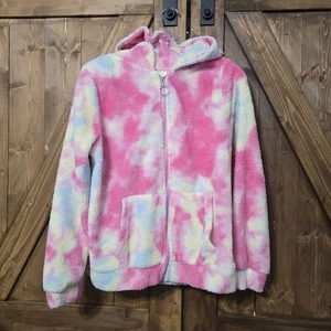 Bobbie Brooks Pastel Tie-Dye Sherpa Zip Hoodie Fleece Jacket Soft Plush Hooded L - Picture 1 of 5