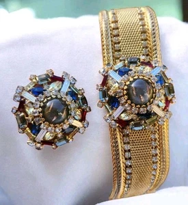 Vtg Rare Signed Hobé Art Cabochon Rhinestone Mesh Bracelet Brooch Set Old World - Picture 1 of 20
