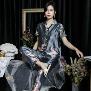 Plus Size Summer Women Silk Satin Pajamas Set Short Sleeve Button-Down Sleepwear - Picture 1 of 10
