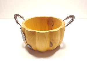 Wood Pumpkin Wire Wrapped Handled Candy Bowl w Metal Leaves - Picture 1 of 7