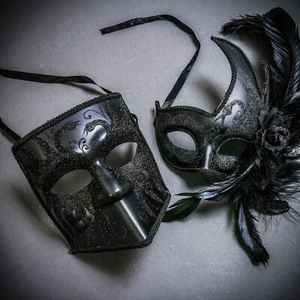 Black Buata Side Feather Halloween Masquerade Ball Couple's Venetian Party Mask - Picture 1 of 6