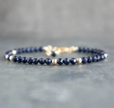 Pulseira delicada de pedra dourada azul natural 2 mm pequena pulseira de pedras preciosas feita à mão - Imagem 1 de 2