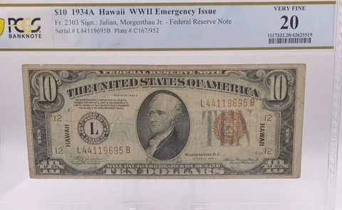PCGS VF20 1943A $10 Hawaii WWII Emergency Issue Fed Reserve Note Fr2303 [073DUA] Cover