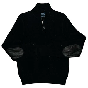 Men’s Polo Ralph Lauren 100% Wool Black Leather Elbows 1/2 Zip Pullover Large - Picture 1 of 4