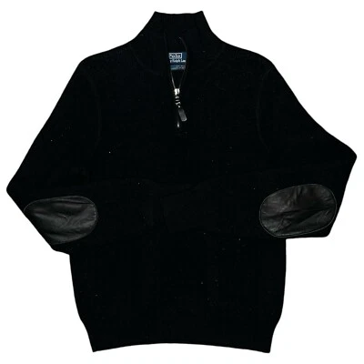 Men’s Polo Ralph Lauren 100% Wool Black Leather Elbows 1/2 Zip Pullover Large - Image 1 of 4